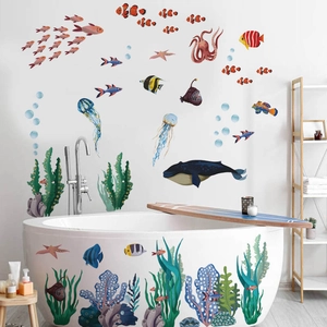 Cartoon Whale Jellyfish Undersea World Wall Stickers Waterproof PVC Bathtub Decor Removable Ocean Marine Life DIY Adhesive Decals
