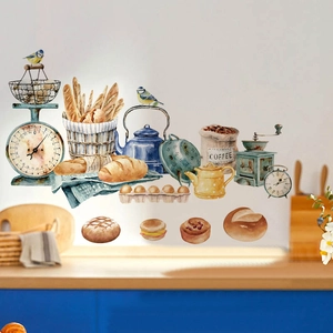 Kitchen wall decals with watercolor vintage coffee grinder and bakery bread art stickers