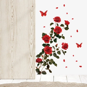 Red rose and butterfly wall stickers for living room decor with a waterproof PVC finish