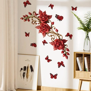 Rote Rose Schmetterling 3D Wandtattoo Abnehmbare Selbstklebende PVC Blumen Wandaufkleber Für Wohnzimmer Schlafzimmer Deko
