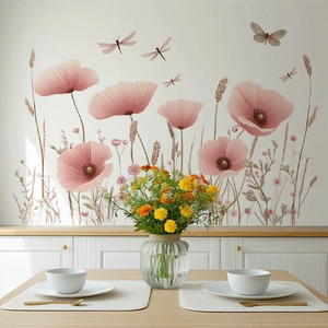 Détails des autocollants muraux avec pavots roses et libellules dans une salle à manger