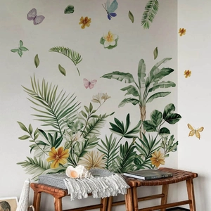 Stickers muraux tropicaux avec feuilles de palmier, fleurs jaunes et papillons colorés