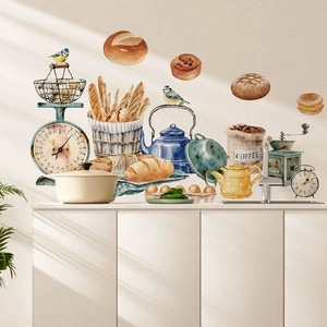 Kitchen wall stickers with watercolor bread, coffee and birds on white wall