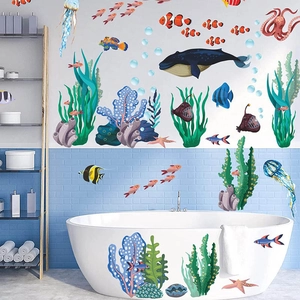 Cartoon whale and jellyfish ocean world wall stickers for bathroom and home decor