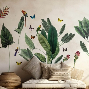 Tropical parrot and palm leaf wall stickers for a cozy living room home decor setup