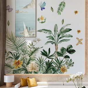 Stickers muraux en PVC de plantes tropicales et papillons pour salon moderne