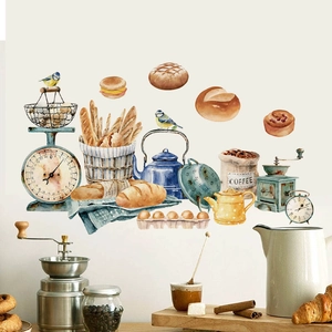 Watercolor kitchen wall stickers featuring bread and coffee tools on a white wall