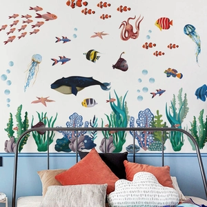Cartoon ocean whale and jellyfish wall stickers for home decoration on blue background