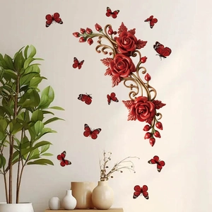 3D Wandtattoo mit roten Rosen goldenen Ranken und Schmetterlingen für das Wohnzimmer