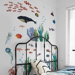 Cartoon whale and jellyfish ocean wall decals set for bedroom decor with bright colors