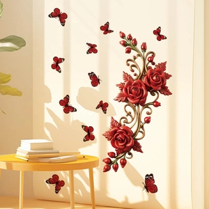 3D Rote Rose Wandtattoo mit Schmetterlingen für Wohnzimmer Wanddekoration