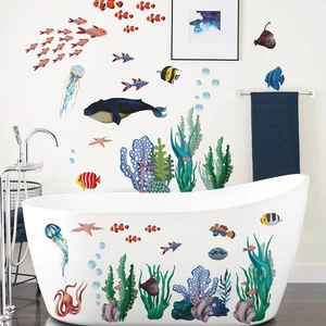 Cartoon whale and jellyfish sea life wall stickers for bathroom tub wall decor