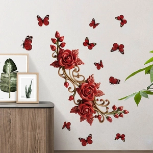 Romantische rote Rosen Wandtattoo mit goldenen Ranken und Schmetterlingen zur Dekoration