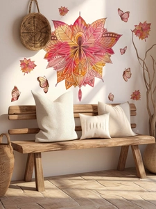 Macro detail of red watercolor mandala wall stickers with butterflies in a cozy living room