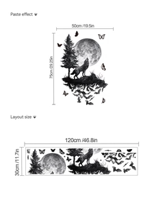 Detail view of Halloween wolf moon wall sticker dimensions and layout sticker set