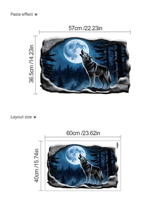 3D Halloween wall sticker showing layout and paste size of howling wolf under full moon