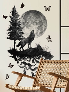 Detail view of Halloween wolf howling at moon PVC wall decal in a cozy bedroom setting