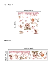 Détail de la taille de mise en page et de l'effet mural 68x68cm avec fées et champignons