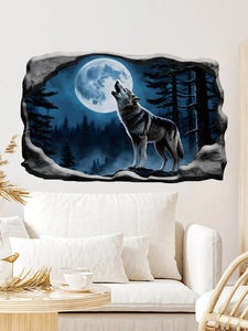 Detailed 3D wall sticker featuring a howling wolf under full moon on a cracked stone wall