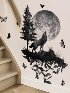 Detailed wall decal featuring a howling wolf, moon, and bats on a staircase wall