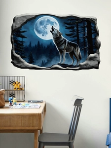 3D wall sticker detail of a wolf howling at the full moon against a blue forest backdrop