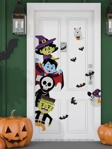 Cartoon Halloween door stickers set featuring witch, skull, and bats on a white door
