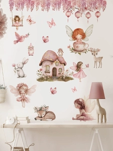 Détail de stickers muraux fée aquarelle avec maison champignon et animaux