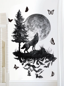 Detailed view of wolf, moon, and pine tree stickers with charcoal sketch effect