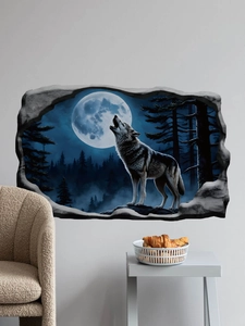 Detail showing 3D howling wolf wall sticker with broken wall effect in a living room