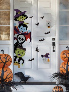 Cartoon Halloween wall stickers featuring witch and skeleton on a white entry door