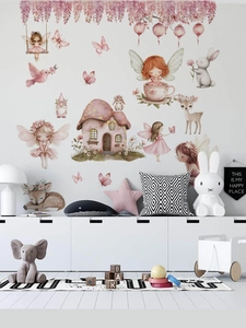 Détails de stickers muraux aquarelle avec fée et maison champignon pour chambre de fille