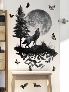 Artistic howling wolf wall stickers with bats and pine trees for home bedroom decor