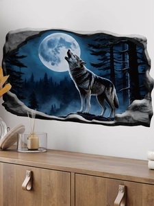 Detailed 3D wall sticker showing a wolf howling at the moon over a modern wooden cabinet