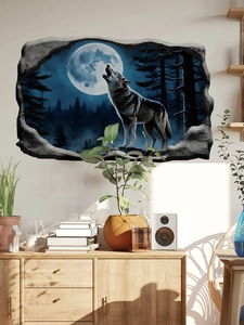 3D wall sticker featuring a wolf howling at the moon in a modern living room setting