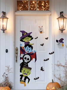 Cartoon Halloween door stickers featuring witch, vampire and skeleton characters