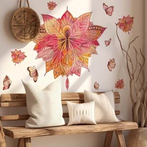 Red Mandala Flower Wall Sticker Removable Polyester Art Decal With Pink Butterfly Pattern For Living Room Bedroom Bohemian Home Decor
