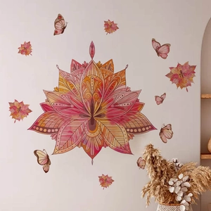 Vibrant red mandala flower wall sticker with butterflies for home art wall decor