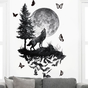 Halloween wall decal featuring a howling wolf under a full moon with pine trees and bats