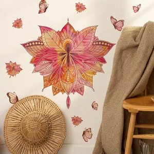 Bohemian red mandala wall stickers with butterfly accents for home living room decor