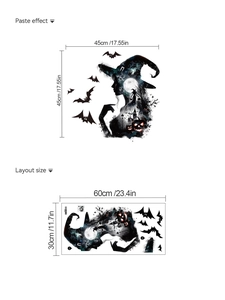 Halloween wall sticker showing dimensions of witch silhouette and bat layout stickers