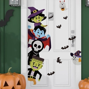 Halloween Cartoon Door Stickers PVC Witch Vampire Skeleton Ghost Bat Decorative Wall Decals For Home Party Holiday Ornament