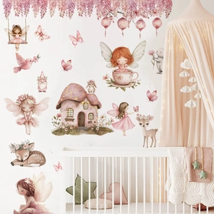 Sticker Mural Maison Champignon Fée Dessin Animé pour Chambre de Filles Rose Aquarelle Animaux de la Forêt PVC Autocollant Décoration
