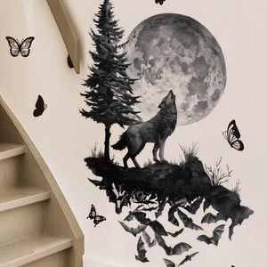 Halloween wall sticker featuring a howling wolf, pine trees and large moon for home decor