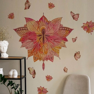 Artistic red mandala flower wall sticker with butterflies for home living room decor