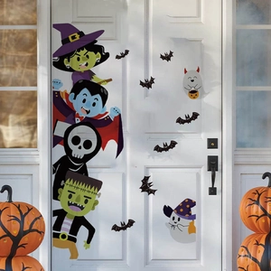 Cartoon Halloween door stickers set with witch vampire and ghost party decorations