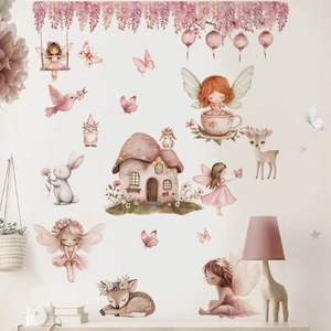 Stickers muraux aquarelle maison champignon et fée pour décoration chambre fille