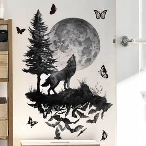Halloween howling wolf wall sticker with moon and pine tree silhouettes for room decor