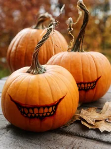Detail von drei Halloween-Deko-Kürbissen mit gruseligem blutigem Lächeln auf Altholz