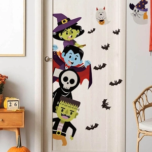 Cartoon Halloween wall stickers featuring witch and skeleton on a white door