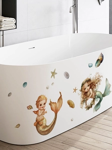 Detail of waterproof mermaid wall stickers with gold starfish and shells on white bathtub